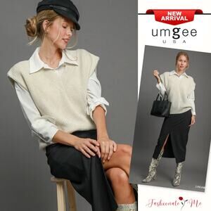 Umgee V-Neck Distinctive Shoulder Pad Detail Relaxed Fit Sweater Vest | Cream